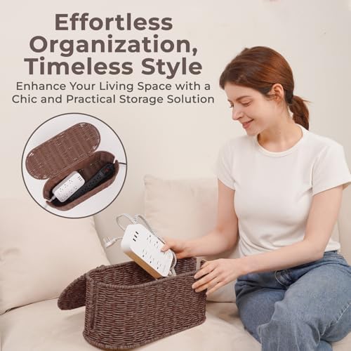 Cable Management Box, Handmade Rattan Cord Organizer for Power Strip