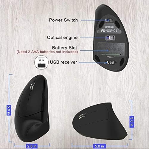 Ergonomic Left-Handed Wireless Vertical Mouse, 2.4G, 3 Adjustable DPI (800/1200/1600), Specially for Left Handers