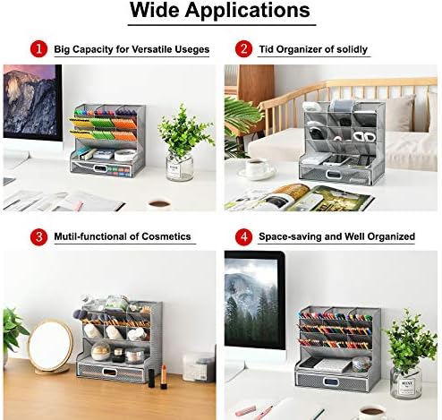 Marbrasse Larger Mesh Desk Organizer with Drawer, Multi-Functional Pen Pencil Holder, Desk Organizers and Accessories for Office Art Supplies (Silver Mesh Pen Holder with Drawer)