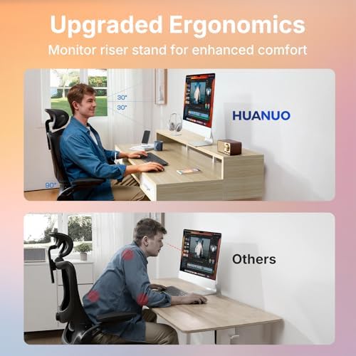 HUANUO 55″ x 26″ Electric Standing Desk with 2 Drawers &24.4″ Large Keyboard Tray, C-Clamp Mount Compatible, Adjustable Computer Desk for Office, Sit Stand Up Desk with 4 Height Presets, Light Walnut