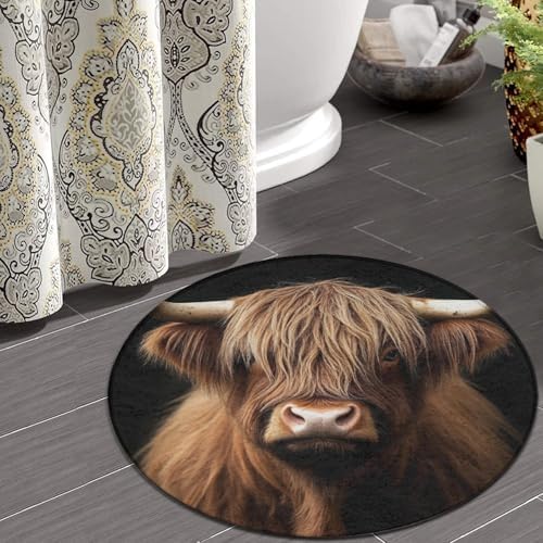 Soft Round Yoga Carpet, Large Home Decor Mat, Non Slip Machine Washable Kitchen Office Circle Rug Highland Cow