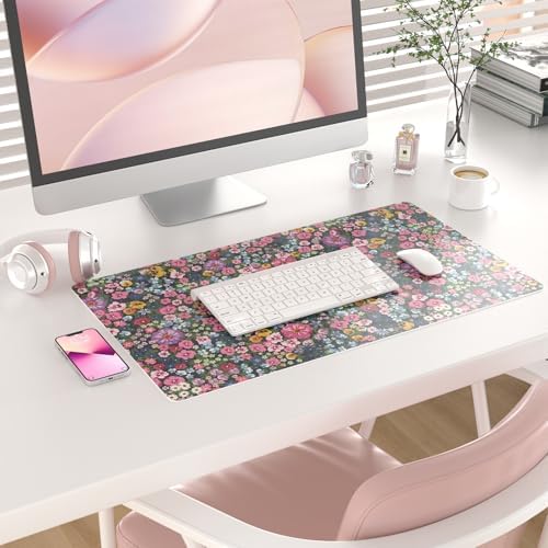 Colorful Star Large Mouse Pad, Floral Desk Mat Office Supplies, Waterproof Faux Leather Big Gaming Mousepad for Women Girls, Blooming Flowers Desk Pad Home Office Décor Accessories 23.6" x 13.8"