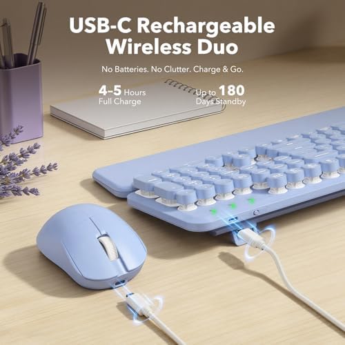 Wireless Keyboard and Mouse Combo, Backlit Round Keycaps, Retro Typewriter Keyboard with Detachable Wrist Rest, Rechargeable & Tilt Legs, 2.4GHz Cordless Connection for Windows/PC (Glowing Purple)