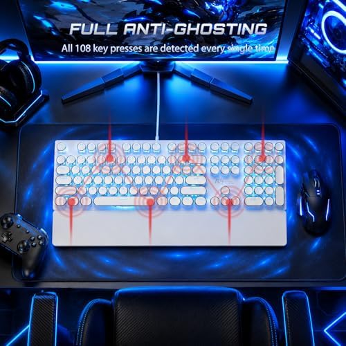 RK ROYAL KLUDGE S108 Typewriter Mechanical Keyboard, Retro Wired Gaming Keyboard with Number Pad and Detachable Wrist Rest, 108 Keys Full Size PC Game Keyboards, Clicky Blue Switch, Blue Backlit White