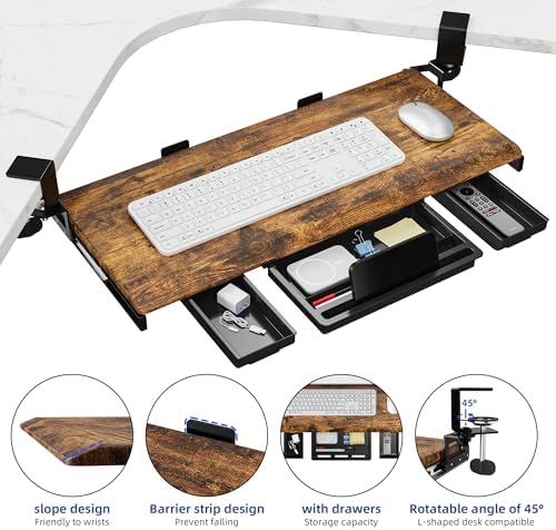 ETHU Corner Keyboard Tray Under Desk with Metal Rail, 26.8x11.8", Walnut