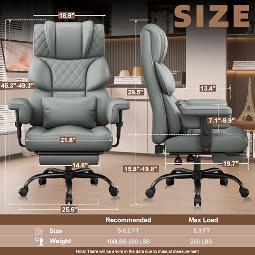 Vonesse Office Chair, Desk Chair with Soft Adjustable Armrests, Ergonomic High Back Gaming Chair with Lumbar Support, Executive Computer Chairs with Footrest (PU Leather, Gray)