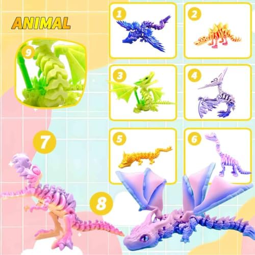 8pcs 3D Printed Rainbow Dinosaur Crystal Dragon T-Rex Fidget Toys,Flying Dragon，Pterosaur，Toys,Desk Executive Toy，Easter,Toys for Boys Kids Teen 5-7 4-6 8-12