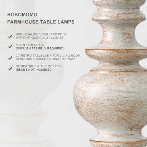 BOBOMOMO 20" Retro Table Lamps Set of 2 - Farmhouse Lamp for Living Room with Linen Shades, Rustic Bedside Nightstand Lamps, Resin Lamps for Bedroom Nursery Room Hallway - Ideal for Compact Spaces
