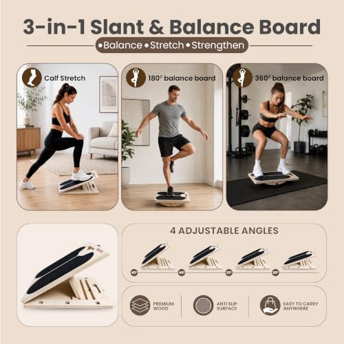 3-in-1 Slant Board for Calf Stretching, Adjustable Incline Board, 4 Angles 30° to 45°, 20° Balance & Wobble Board with 180°/360° Rotation, Non-Slip Physical Therapy Equipment, Standing Desk, 300 LBS