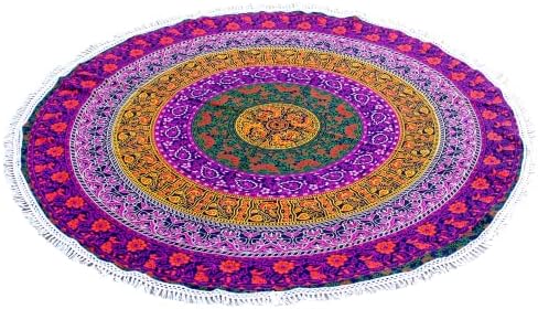 Round Beach Tapestry Turquoise Mandala Throw/Boho Hippie Beach Blanket Roundie/Indian Cotton Bohemian Large Round Table Cloth-Home Decor/Yoga Mat Meditation Picnic Rug (70", 6 color)