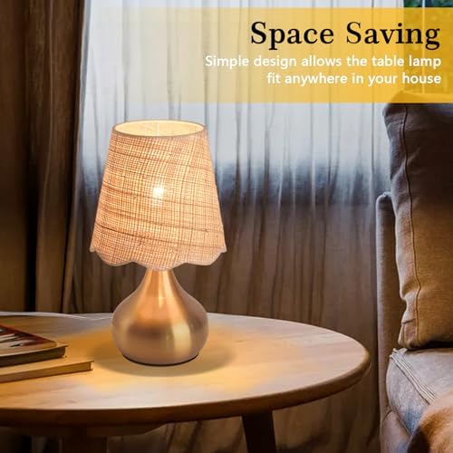 Ziqqeelam Gold Small Bedside Table Lamp Touche Control 3-Way Dimmable Brass Mini Table Lamps for Nightstand, Rattan Shade Small Table Lamps for Small Spaces for Kitchen Counter, Bookshelf, Bedroom