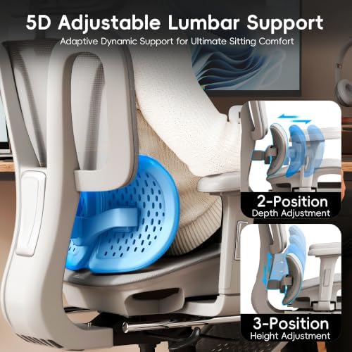 Vonesse Ergonomic Office Chair with Footrest, Desk Chairs with Dynamic Lumbar Support & Adjustable Depth Breathable Mesh Seat, Computer Gaming Chair with Adjustable 3D Headrest and Armrests (Grey)