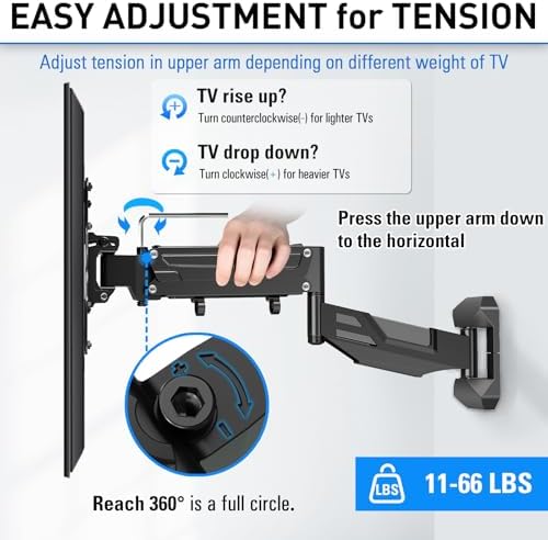 MOUNTUP Height Adjustable TV Wall Mount for 26-55 Inch TVs, Spring Arm Full Motion Articulating TV Bracket Mount with Smooth Swivel Tilt & Safe Corner Installation, 400x400mm VESA, 11-66 lbs