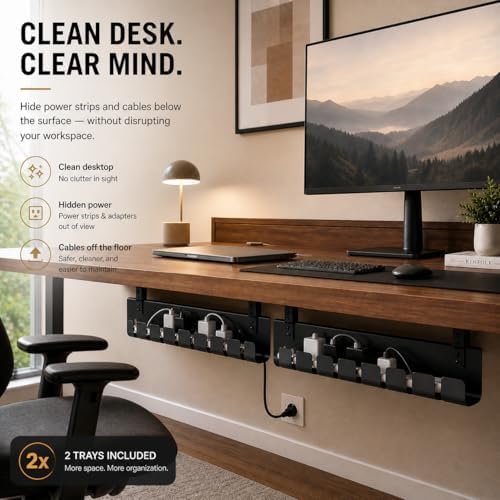 Under Desk Cable Management Tray 2 Pack, Premium Steel Cable Organizer, Clamp or Screw Mount Installation, No Drill Clamp Option, Cord Management System for Home Office Desks, Black