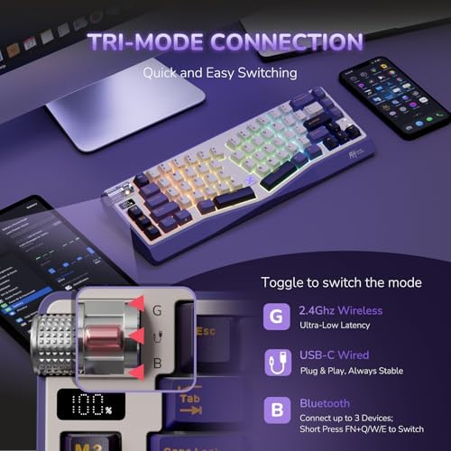 RK ROYAL KLUDGE A70 Wireless Ergonomic Keyboard, 65% Alice Split Mechanical Keyboard w/Bluetooth/2.4GHz/Wired, RGB Gaming Keyboards with Knob and Gasket Mount, Hot Swappable Pre-lubed Linear Switches