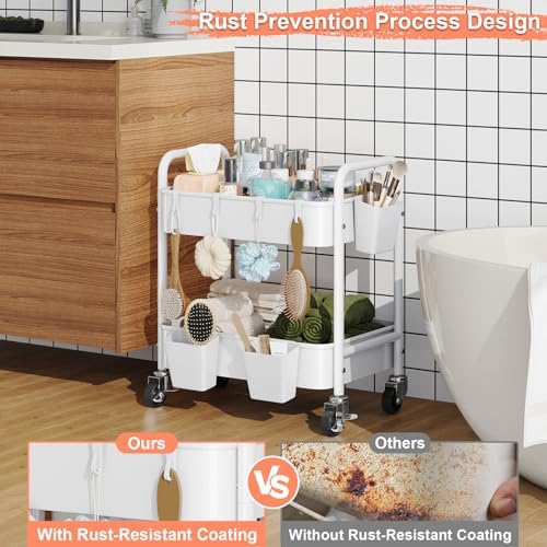 2 Tier Small Rolling Cart Metal with Wheels, White Under Desk Storage Carts