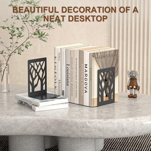 VFINE 6-Piece Modern Metal Bookends for Shelves, Black Tree Book Ends for Books, Decorative Book Organizer for Desk, Non-Skid Shelve Bookends for Home Office