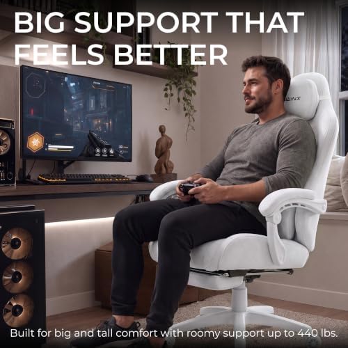 Dowinx Big and Tall Gaming Chair, Suede Fabric Game Chair with Pocket Spring Cushion, High Back Gamer Chair Ergonomic with Footrest for Adults Office, 440LBS, White