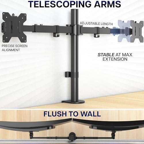 VIVO Dual LCD LED 21 to 32 inch Monitor Desk Mount, Heavy Duty, Adjustable Telescoping Arms, Flush Wall Setup, Fits 2 Screens, Black, STAND-V002E