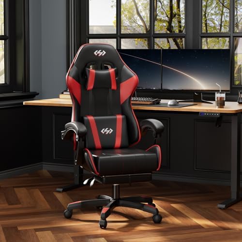 HLDIRECT Gaming Chair with Footrest, Lumbar Support & Headrest, Black&Red