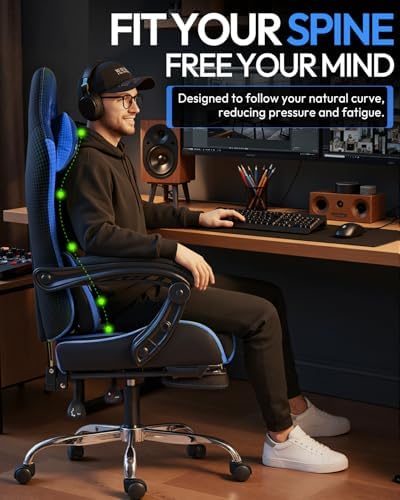 Dowinx Ergonomic Gaming Chair with Footrest & Massage Lumbar, 2D-Linkage Armrests for Computer Chair 330lbs with Headrest Pillow for Office, Home, Streaming and Long Gaming Sessions, Blue
