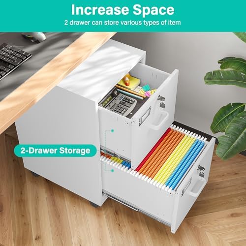 SISESOL 2 Drawer File Cabinet with Lock and Wheels,White Rolling File Cabinets,Locking Mobile Metal Filing Cabinet for Home Office,Under Desk,Fit A4/Letter/Legal File, Easy Assembly