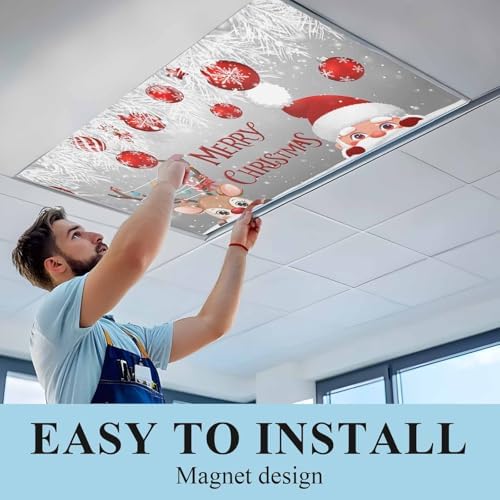 Santa Claus Magnetic Fluorescent Light Covers for Ceiling Lights 2 x 4 Feet,Red Grey Christmas Elk Ball Pine Silver Office Classroom Kitchen Drop Ceiling Light Covers Filters Shade Panel 2 Packs