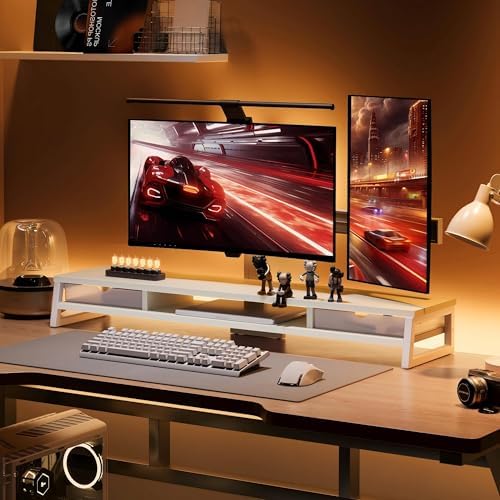 Fenge Dual Monitor Stand Riser, 42.5in Desk Shelf with 2 Drawers, White