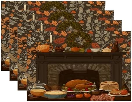 Thanksgiving Fireplace Dinner Linen Placemats, Roast Turkey with Pies and Fruits Table Mats for Table Washable Heat Insulation Thick Dining Mat, Indoor/Outdoor 12X18 in 4 Pcs