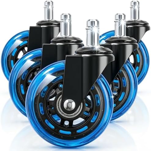 3" Office Chair Wheels for Casters Replacement Set of 5 - Office Caster Wheels for Carpet,Computer Chair Wheels,Smooth & Mute for Hardwood Floors and Mats. (Blue Transparent)