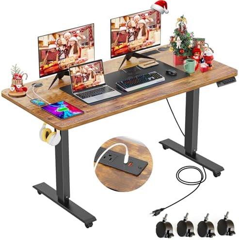 farexon 55 x 24inch Electric Standing Desk Adjustable Height with Power Outlets, Stand up Desk with Wheels,Outlets, Mouse Pad, Preset Heights Home Office Gaming Computer Workstations Table（Brown）