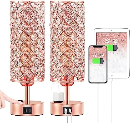 Hong-in Rose Gold Lamp Set of 2, 3-Way Crystal Table Lamp Touch Control with USB-C+A & AC Ports, Dimmable Nightstand Desk Light, Pink Bedside Table Lamp for Bedroom(Bulb Included & Set of 2)