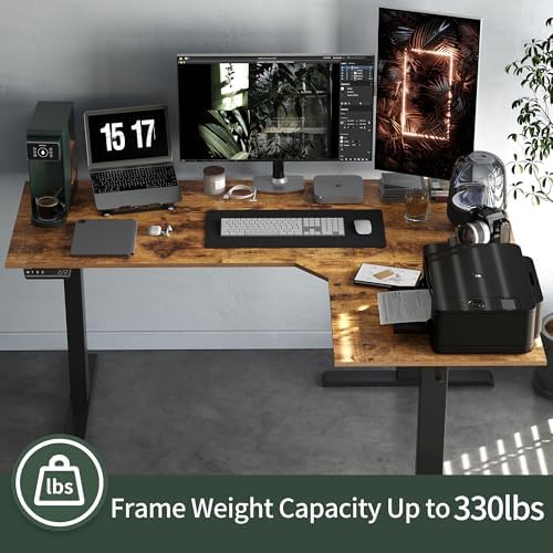 FEZIBO Triple Motor 63" L Shaped Standing Desk, Electric Standing Gaming Desk Adjustable Height, Corner Stand up Desk with Splice Board, Black Frame/Rustic Brown Top