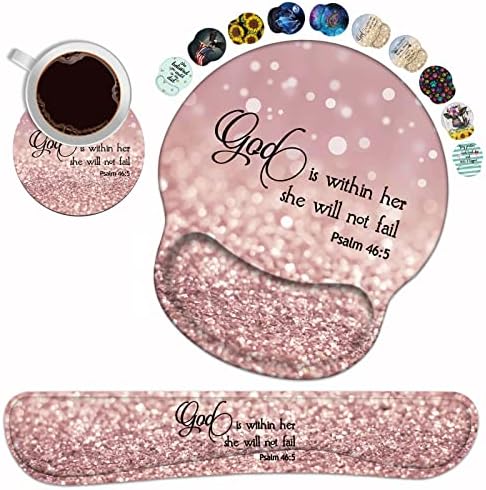 Keyboard Wrist Rest and Mouse Pad Wrist Support Set with Coasters, Quote Bible Verse Psalm 46:5 Wrist Mouse Pad with Non-Slip PU Base for Home Office Working Studying Easy Typing & Pain Relief