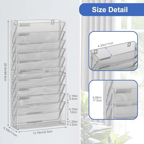 EasyPAG Wall File Holder 10 Tier Mesh Hanging Folder Organizer with Flat Tray Wall Mounted Mail Organizer Magazine Paper Desk Shelf with Nametag Label for Office Home School, Silver