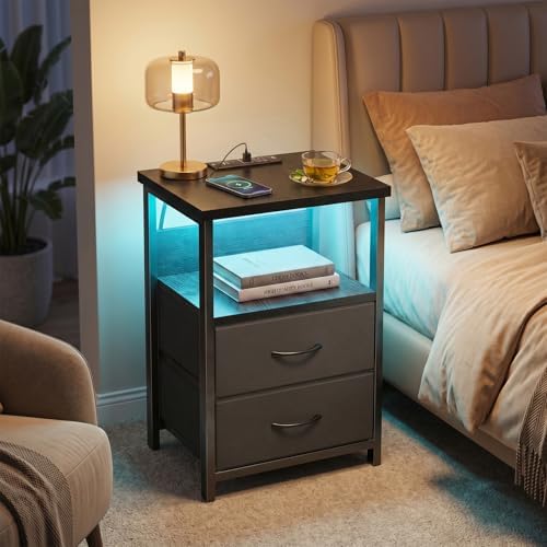 Fixwal Black Nightstands Set of 2, Led Night Stand with Charging Staion