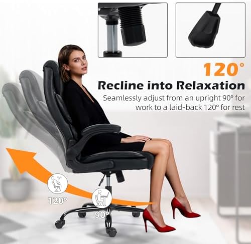 Office Chair - Ergonomic High Back Computer Desk Chair with Rocking Function & Lumbar Support - Executive Comfortable Wide Swivel Rolling Office Leather Chair with Flip-up Armrests for Home Gaming