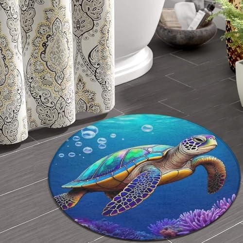 Large Home Decor Mat, Soft Round Yoga Carpet, Non Slip Machine Washable Kitchen Office Circle Rug Sea Turtle