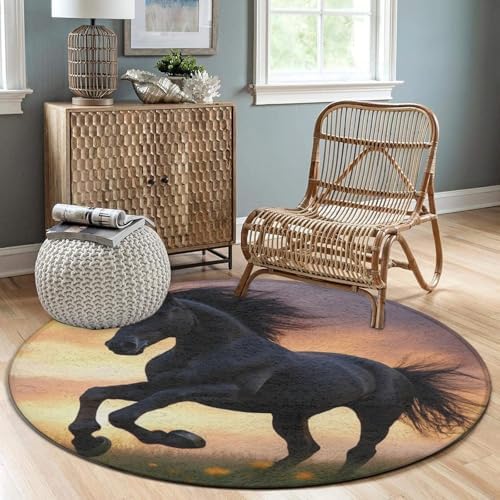 Soft Round Yoga Carpet, Large Home Decor Mat, Non Slip Machine Washable Kitchen Office Circle Rug 3D Horse Print