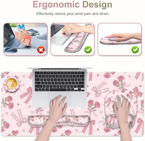 Pink Mouse Pad with Wrist Support 4 in1 Set, XXL Big Game Mousepad + Keyboard Wrist Rest + Mouse Wrist Rest Pad +Coaster Gaming Mat for Home Office Work Computer Laptop PC I Sweet Rose & Heart Bow