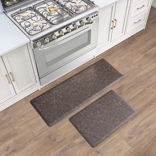 Chef Gear - Anti-Fatigue Gelness Kitchen Mat - Marni Design - Cushioned Comfort Chef Mat - Faux Leather - Cooking & Standing Relief - Set of 2-17.5"x48" & 17.5"x28" - Mocha