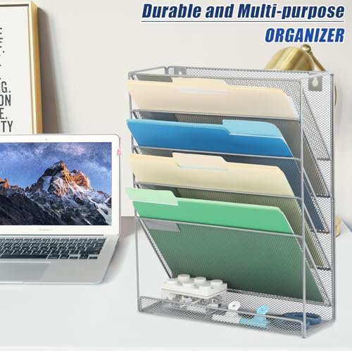 EASEPRES Desk File Organizer Mesh 6-Tier, Hanging Wall Mount Document Organization Stand, Desktop Vertical Mail Paper Folder Holder Rack with Bottom Tray for Office Home Cubicle Countertop, Gray
