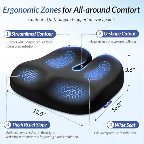 ZIKEE Ergonomic Seat Cushion with Thigh Slope for Long Sitting, Memory Foam Office Chair Cushion for Car, Home, U-Shaped Design Relieves Hip, Tailbone Pain, Non-Slip Sciatica Pain Relief Pillow