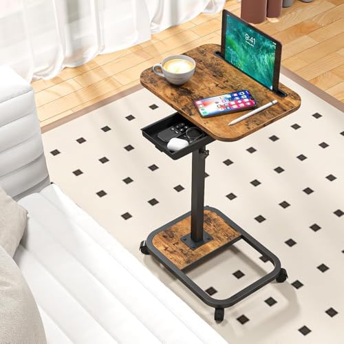 Adjustable Height TV Tray Table with Drawer, 360° Swivel C Shaped End Table, Rolling Couch Desk with Wheels, Side Tables for Living Room and Bedroom, Bed (Brown)
