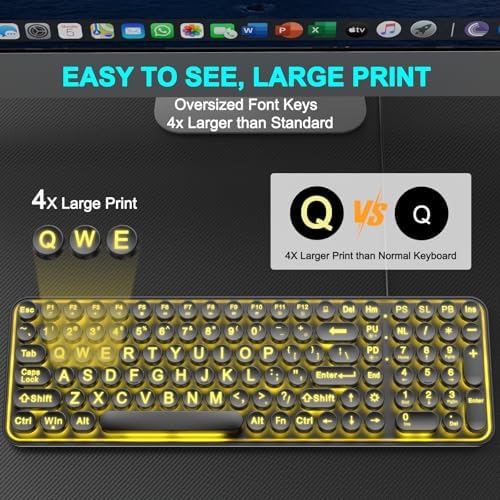QUASIO Large Print Backlit Keyboard, Wired USB Lighted Computer Keyboards with 7-Color Backlit, Oversized Print Letters, Quiet Typewriter Keyboard with Retro Round Keycaps for Windows PC, Laptop