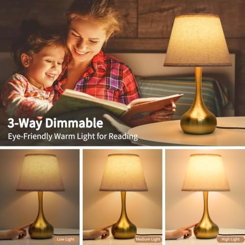 ONEWISH Touch Table Lamp for Bedroom, 3-Way Dimmable Gold Bedside Lamps for Nightstand with Fabric Shade,17.32'' Desk Lamp for Kids Reading, Home Office