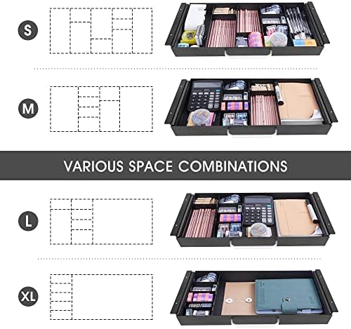 GOME Large Size Under Desk Slide out Pencil Drawer with Adjustable Space Divider Design for Storing Pencil and Office Accessories, Underdesk Pull out Tray Organizer Mounted for Sit Stand Workstation