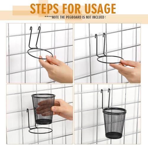 6 Sets Grid Wall Cups with Ring Hooks, hanging pencil holder Wall Mount Wire Grid Panel Pen Holder Organizer gridwall Accessories for Office Home Garage