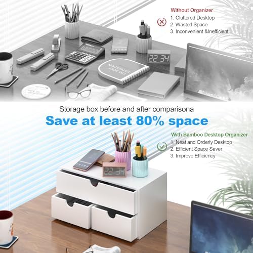 Bamboo Desk Organizer with Drawers Desktop Storage Drawers for Bills Office Supplies Kitchen Utensils Organizing Tool for Home Classroom Organization No Assembly (White)