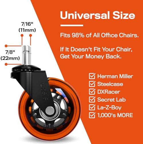 The Office Oasis Original Office Chair Wheels (As Seen On PBS), Orange